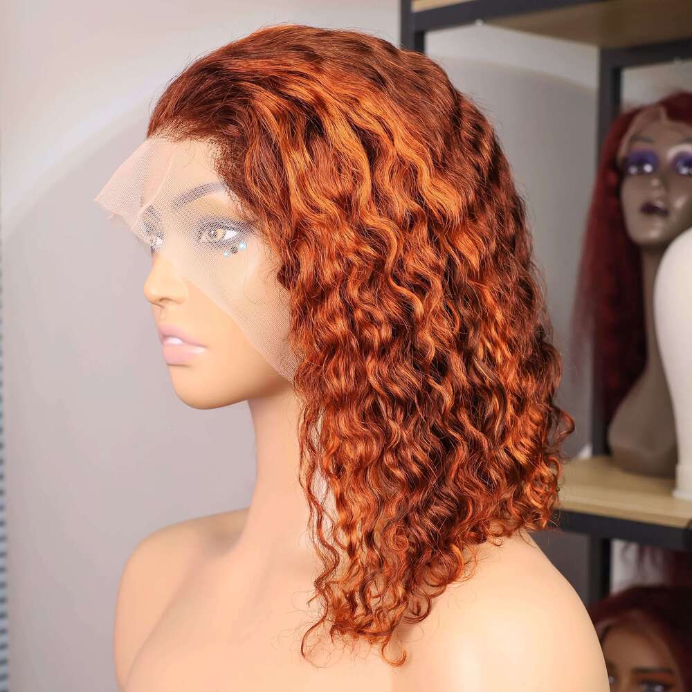 Ginger Orange Brown Colored Water Wave Bob Transparent 13x4 Lace Front Human Hair Wig For Women P4/350 Highlight Curly Wigs