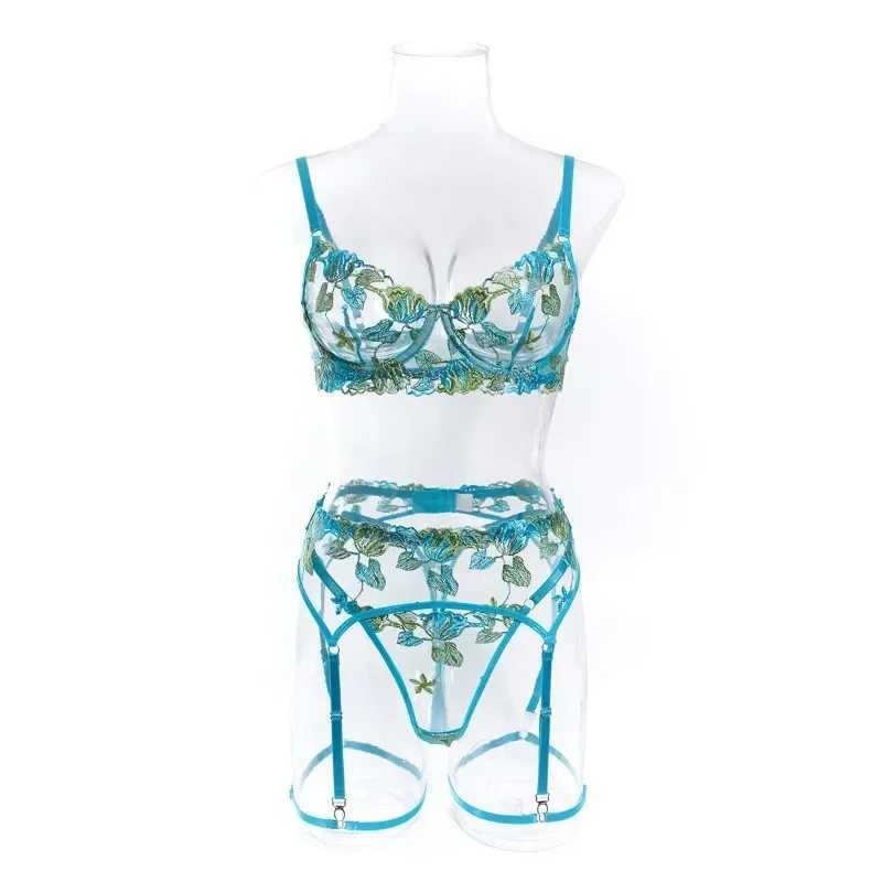 Sexy Embroidery Underwear Set Sexy Girdle Garter Underwear Set Mesh Patchwork See-through Embroidery Sexy Lingerie Set R250520