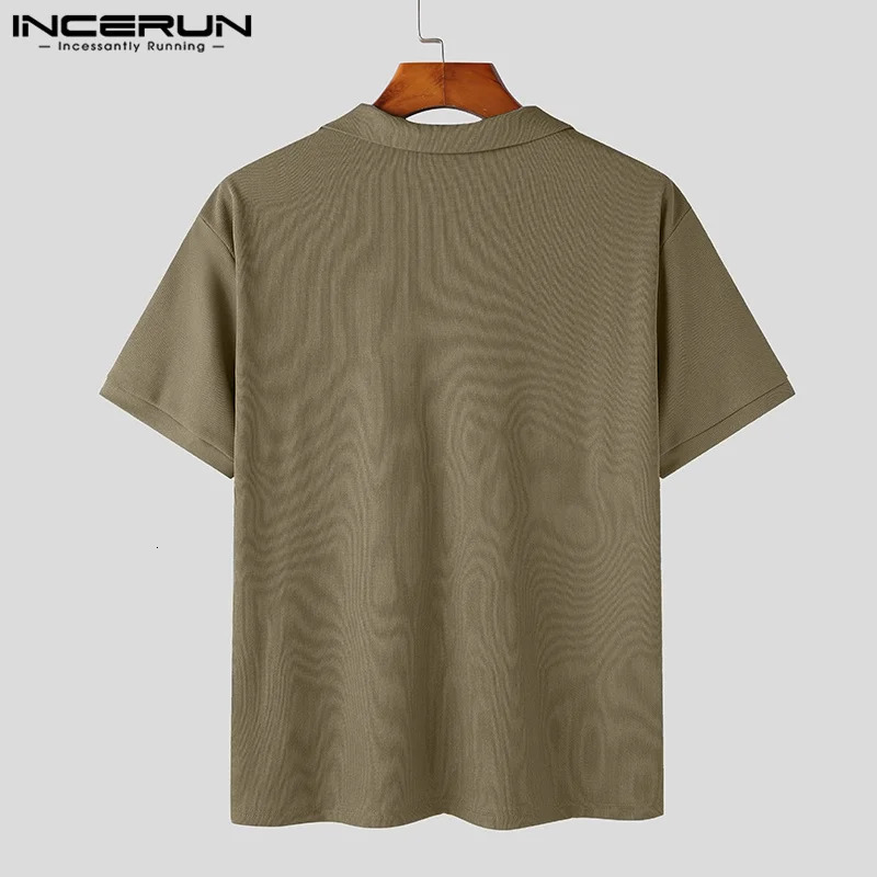 INCERUN Tops Korean Style Mens Solid Knitted n Shirts Casual Street Allmatch Comfortable Short Sleeved Blouse S5XL 250520