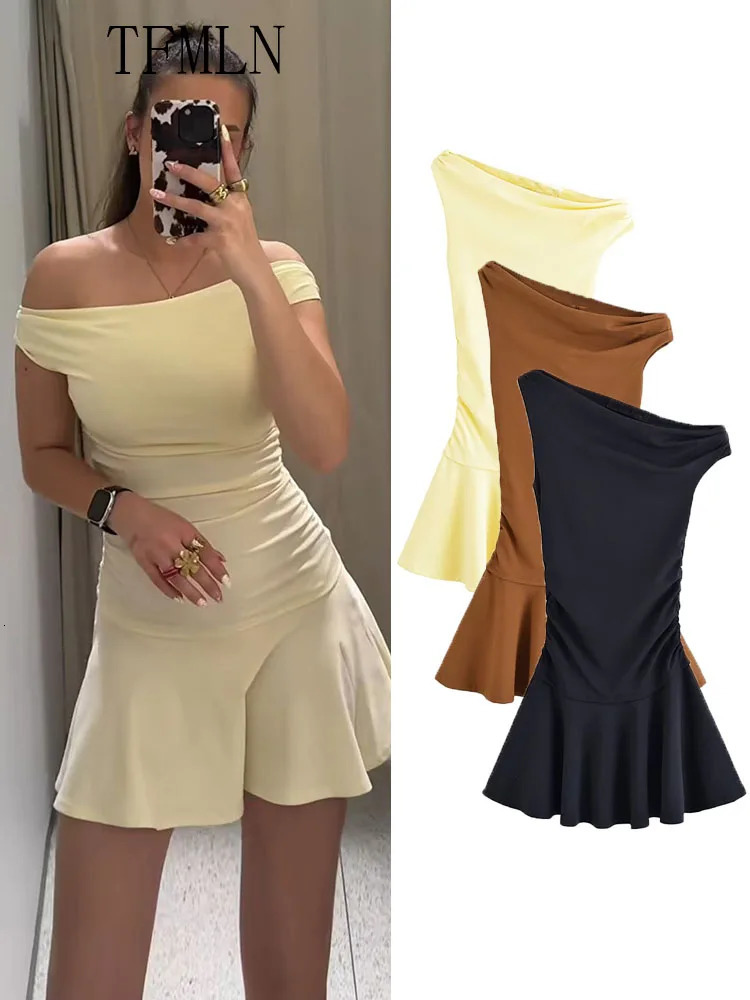 TFMLN Women Solid Asymmetrical Mini Dress Summer Sleeveless Diagonal Collar Causal Slim Fashion High Street 250520