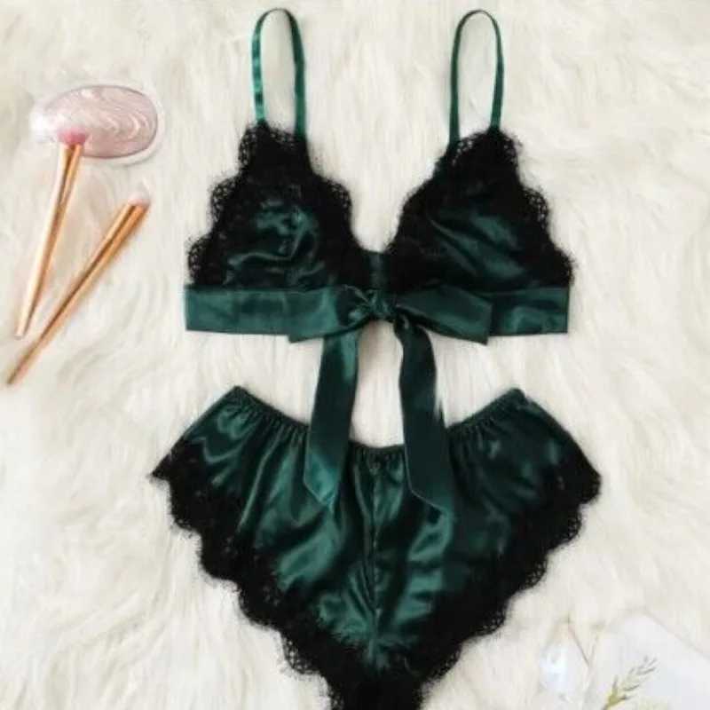 Sexy Lingerie Suit for Women Knot Lace Up Lace Patchwork Sexy Contrast Color 2-piece Pajamas Set Sexy Underwear New R250520