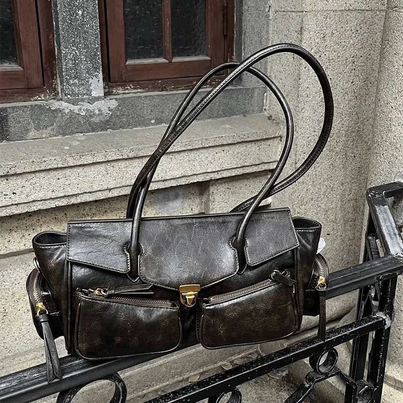 Multi-Pocket Underarm Trendy Street Motorcycle Bowling Handbag For Women Boston High-End Spaghetti Strap Shoulder Tote Bag