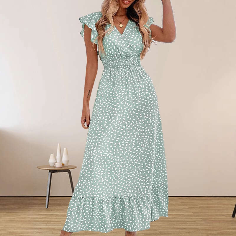 Sexy Vestidos De Noche Beach Dress Floral Dress Bodycon Dresses for Women Womens 2025 Spring/summer Fashion V-neck Long Dress High Waist Short Sleeve 