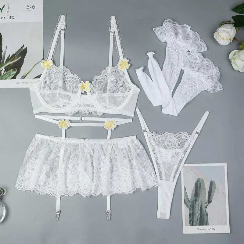 Sexy Embroidery Lingerie Suit for Women 3D Flowers Patchwork Lace See-through Solid Color Mesh Womens Underwear Set New R250520