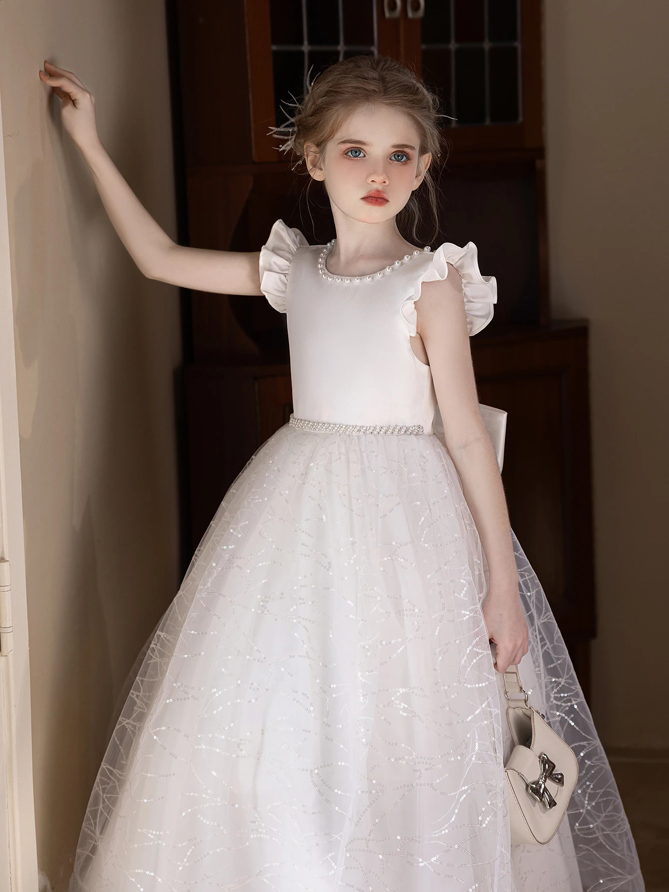High-quality Sequin Dress for Girls White Floral Childrens Wedding Gown with Pompom Skirt 250519