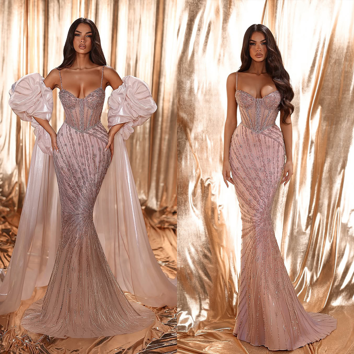 Gorgeous Evening Dresses Beading Sequins Prom Dress Spaghetti Straps Sleeveless Detachable Sleeve Princess Mermaid Sweep Train Party Gowns Vestidos De