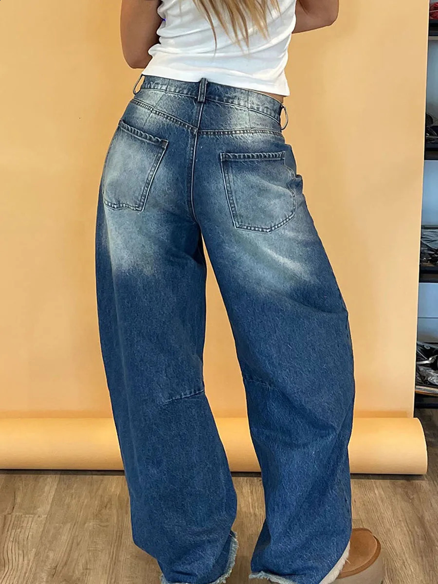 Women s Vintage High Waist Wide Leg Jeans Pants Retro Washed Blue Loose Barrel Denim Trousers for Spring 250513Z