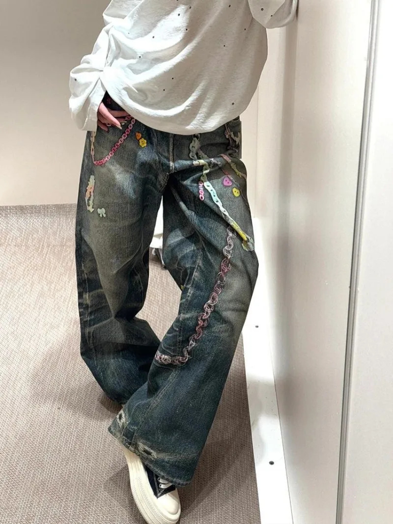 Korean Trendy Harajuku Streetwear Y2K Candy Chain 3D Printed Baggy Jeans Women Hip-hop Retro Punk Straight Wide-leg Pants 250520