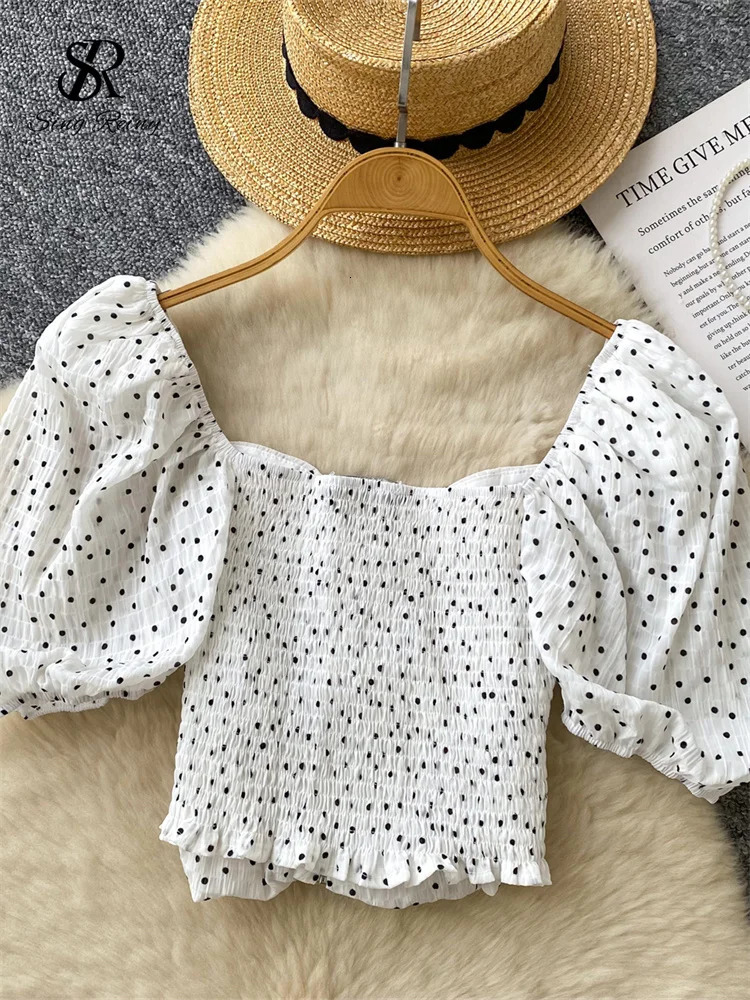 SINGREINY Summer Polka Dot Short Blouse Zipper Puff Sleeves Sexy Slim Tops Elastic Ruched Fashion Women Vintage Chic Shirt 250520