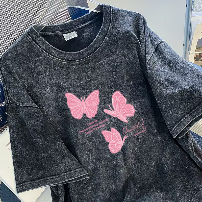 Fashion Brand Old Style Short Sleeved T-shirt For Women Loose And Oversized Washed Black Printed Clothes 2025 New Style Designer Clothing