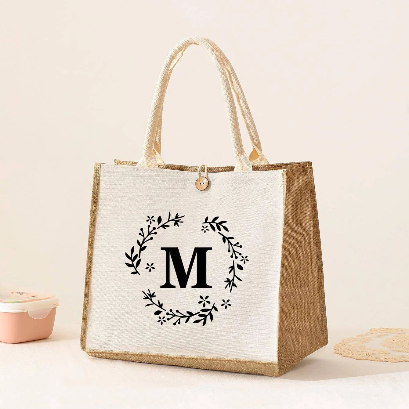 Large Capacity Ladies Tote Bag Letter Printing Faux Linen Button Handbag Portable Travel Storage Travel Bag 250516
