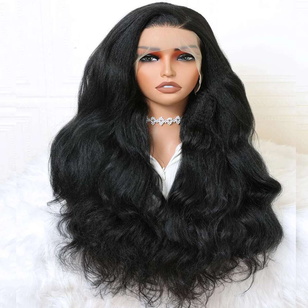 Double Texture Body Wave and Yaki 13x4 Lace Front Wig Kinky Straght 26 Inch 180Density Glueless Synthetic PrePlucked Daily