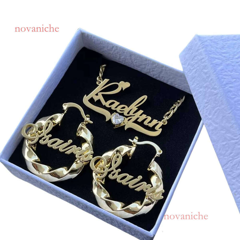 Autumn Cold Personalized Nameplate Heart shaped Zircon Necklace Letter Circle Earring Name Jewelry Set