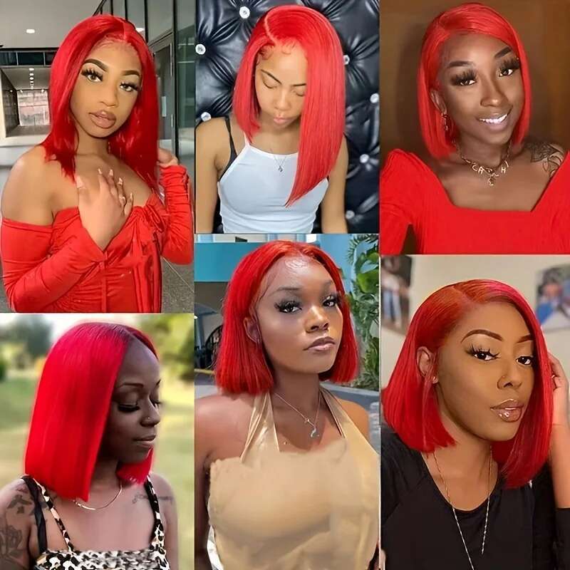 13x4 Red 150% Density Straight HD Transparent Lace Front Wigs Human Hair Colored Bob Wig