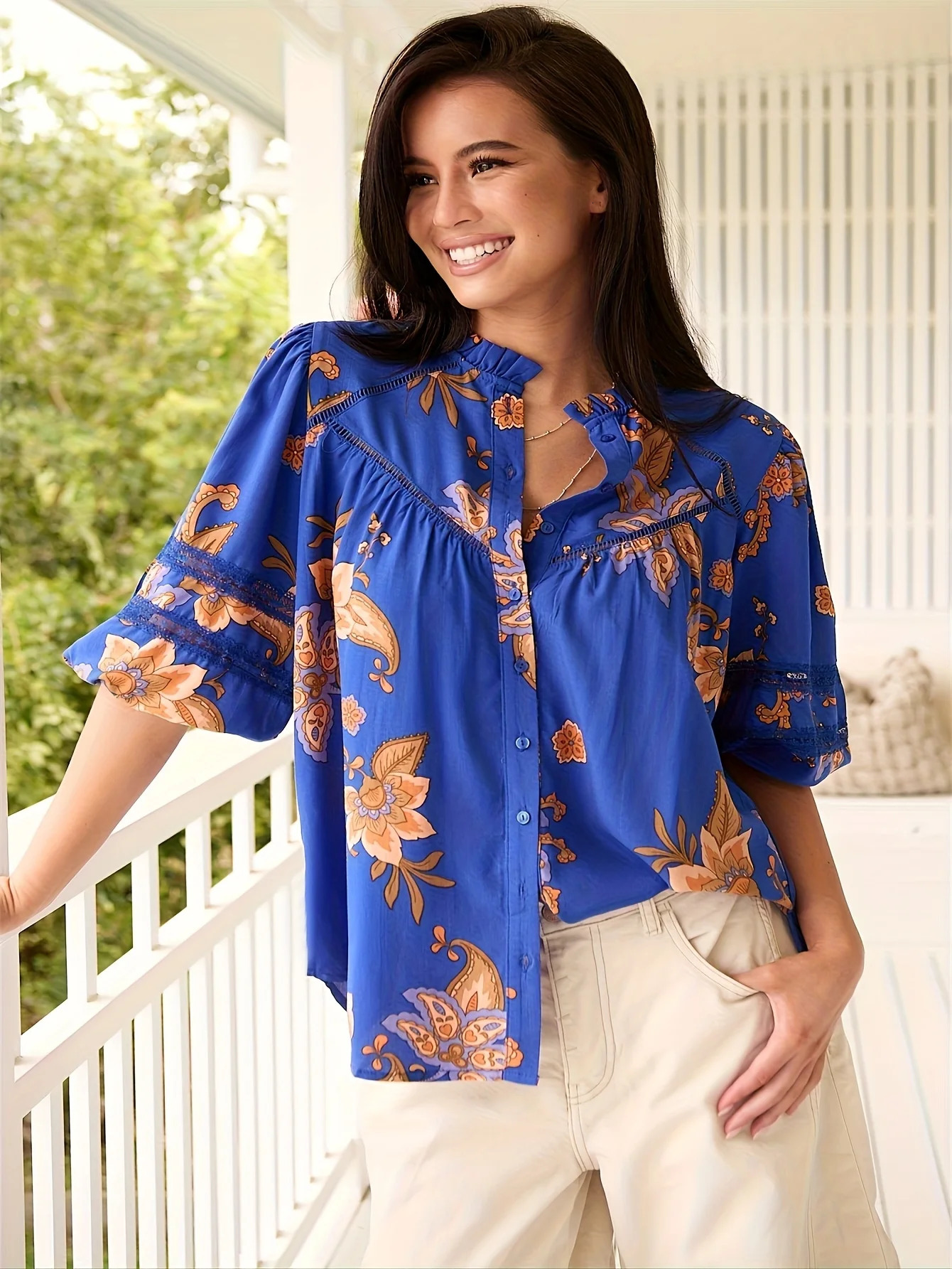 Plus Size Womens Elegant Loose Flared Half Sleeve Shirt Vivid Blue Floral Print Ruffle Cuffs Perfect for Beach Casual Wear 250514