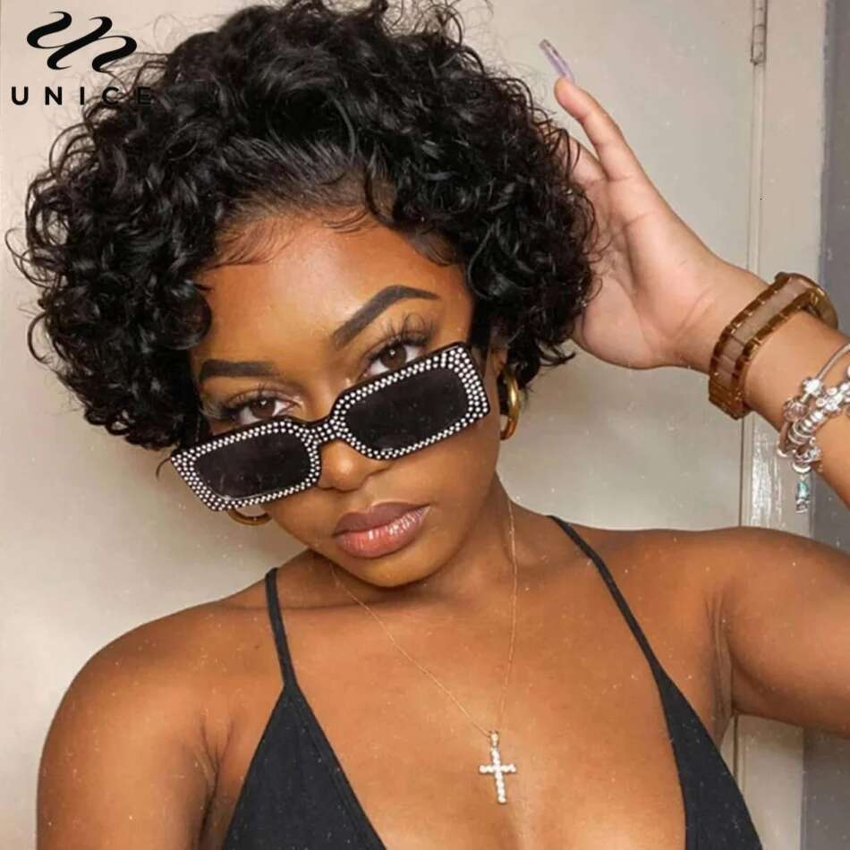 Unice 13x1 Lace Pixie Cut Wig 100% Human Hair Short Curly for Women Wavy Afro Wigs