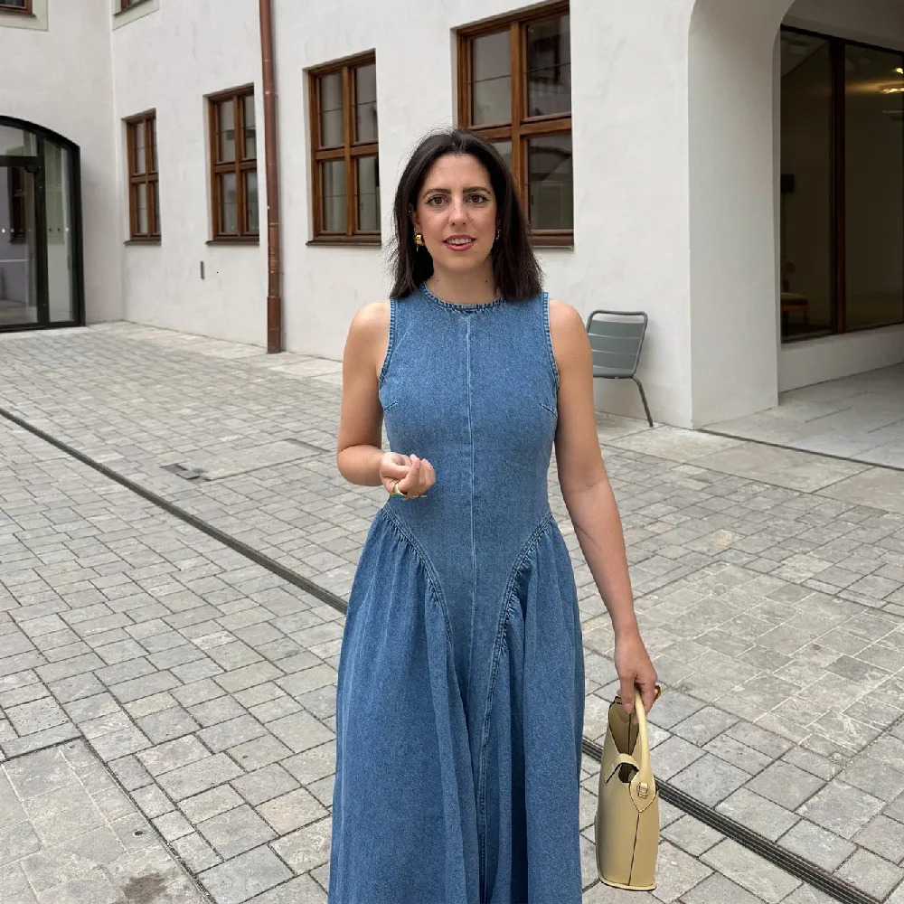 PB ZA back hollow quality simple loose hem denim skirt Aline dress long summer womens clothing 250520