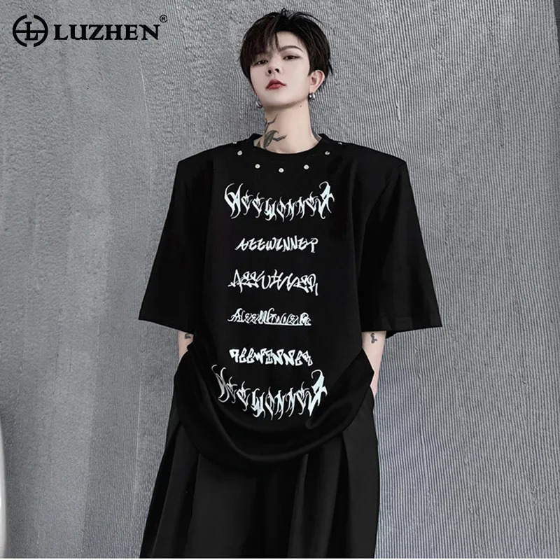 LUZHEN Metal Printed Short Letter Sleeved Rivet T Shirts Decorate n Trendy Summer Shoulder Pad Mens Street Tops LZ9726 250520