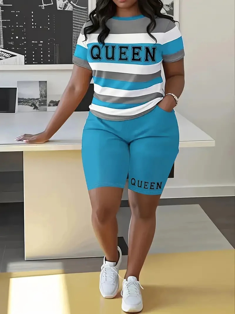 Plus Size Summer Outfits Biker Shorts Set Crew Neck Short Sleeve Positioning Printing Queen 2 Piece Women 250516