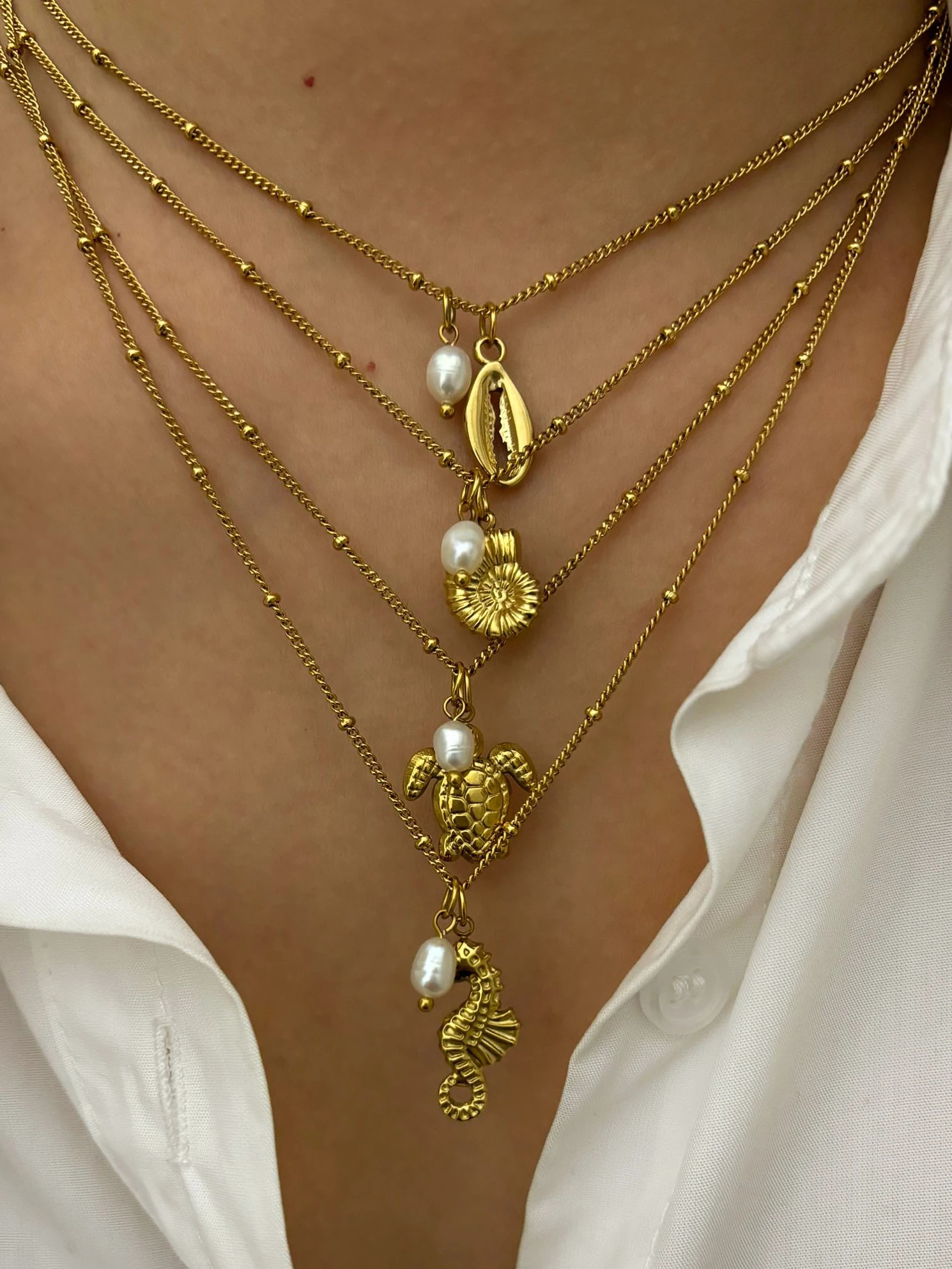 Perisbox Stainless Steel Ocean Series Jewelry Seahorse Conch Sea Turtle Natural Freshwater Pearl Womens Pendant Necklace Beach 250520