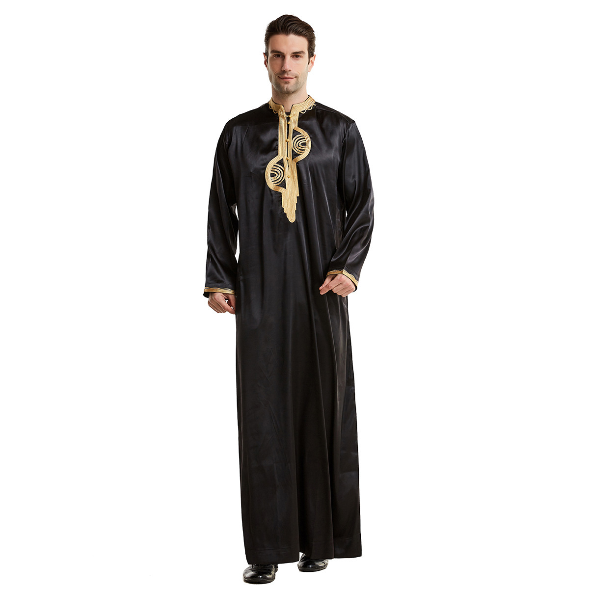 Designer Clothing Embroidery Collar Robe Solid Color Simulation Silk New Standing Collar Ethnic Clothing Men's Clothing 2025 New Style