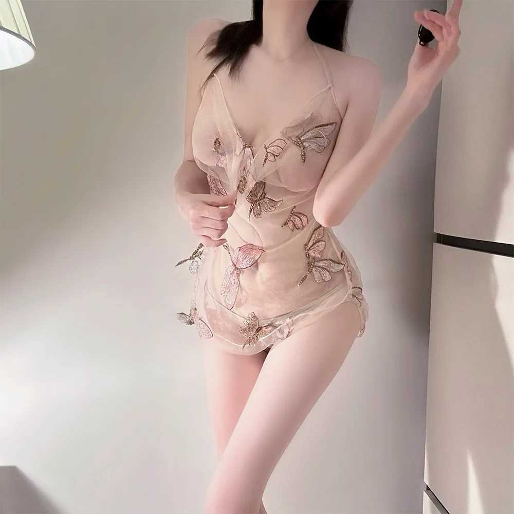 Sexy lingerie Perspective Neck Hanging Temptation Lace Dragonfly Embroidery Short Skirt lingerie to catch costume R250520