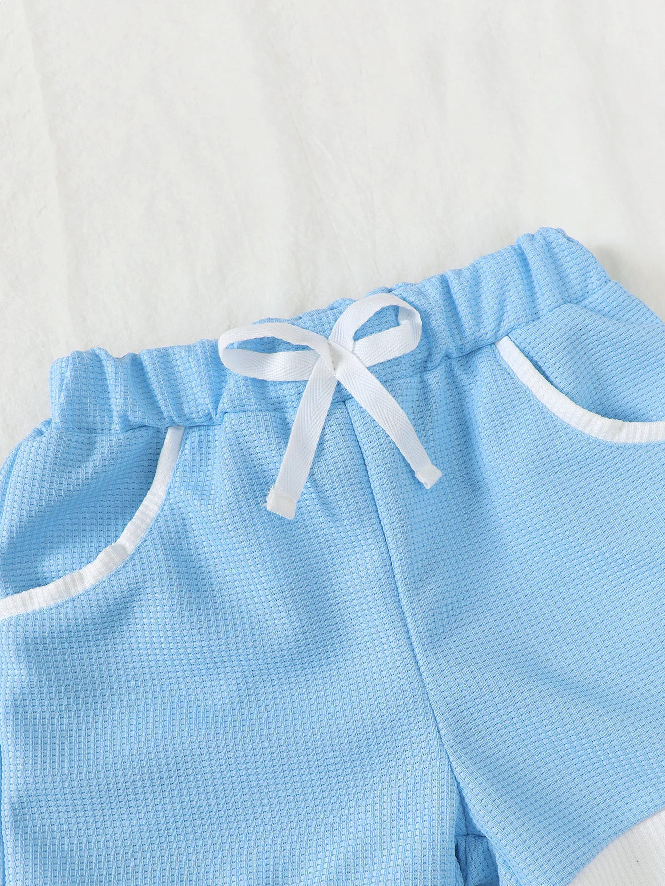 Summer Preppy Baby Boys Light Blue Matching Suit Polo Lapel Short Sleeve Pocket Shorts Two-Piece Set 250519