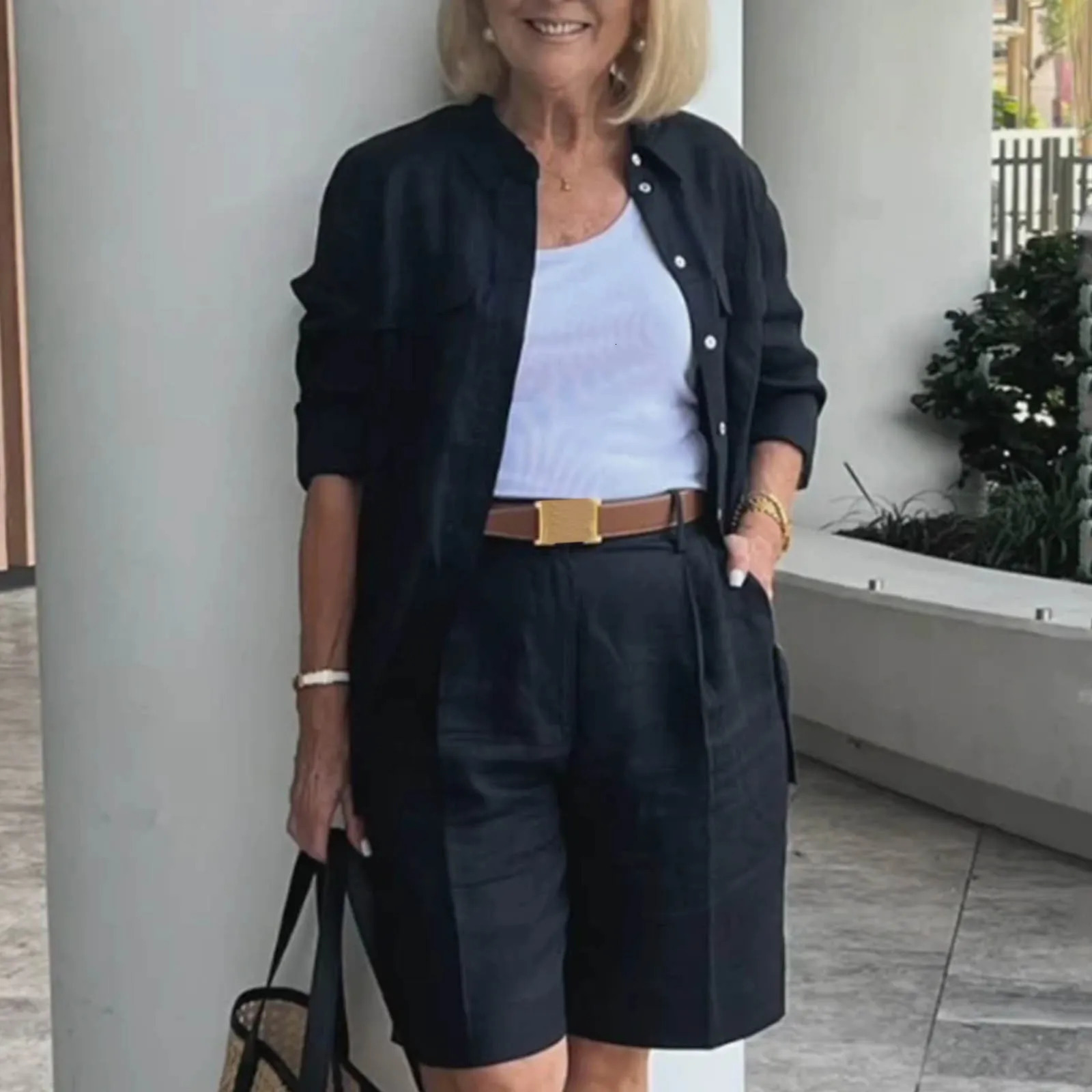 Elegant 2-Piece Sets For Women Womens Cardigan Shirt Top Summer Solid Color Casual Shorts Two Piece In Matching Sets 250516