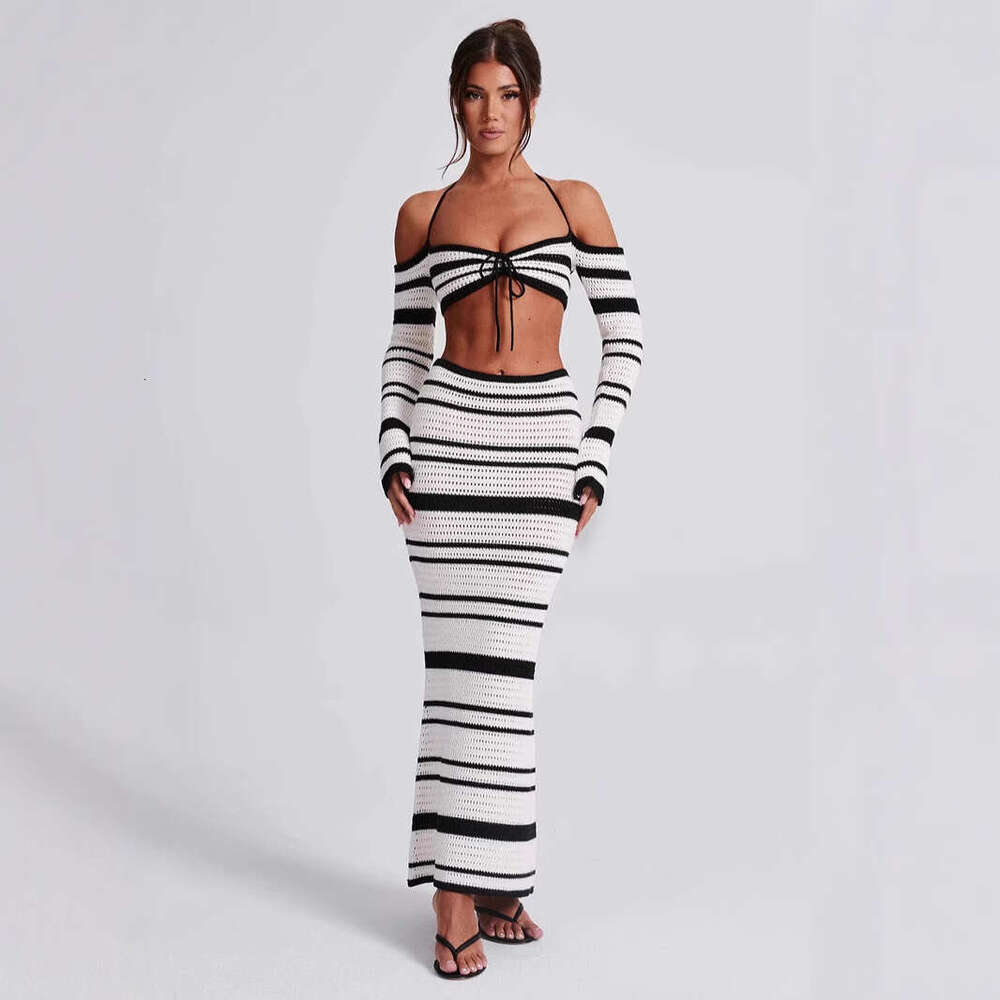 Halter Dress New Spicy Girl Women S Suit Summer Striped Long Sleeved Hanging Neck Top Half Skirt Two Piece Set For Women Maxi Dress