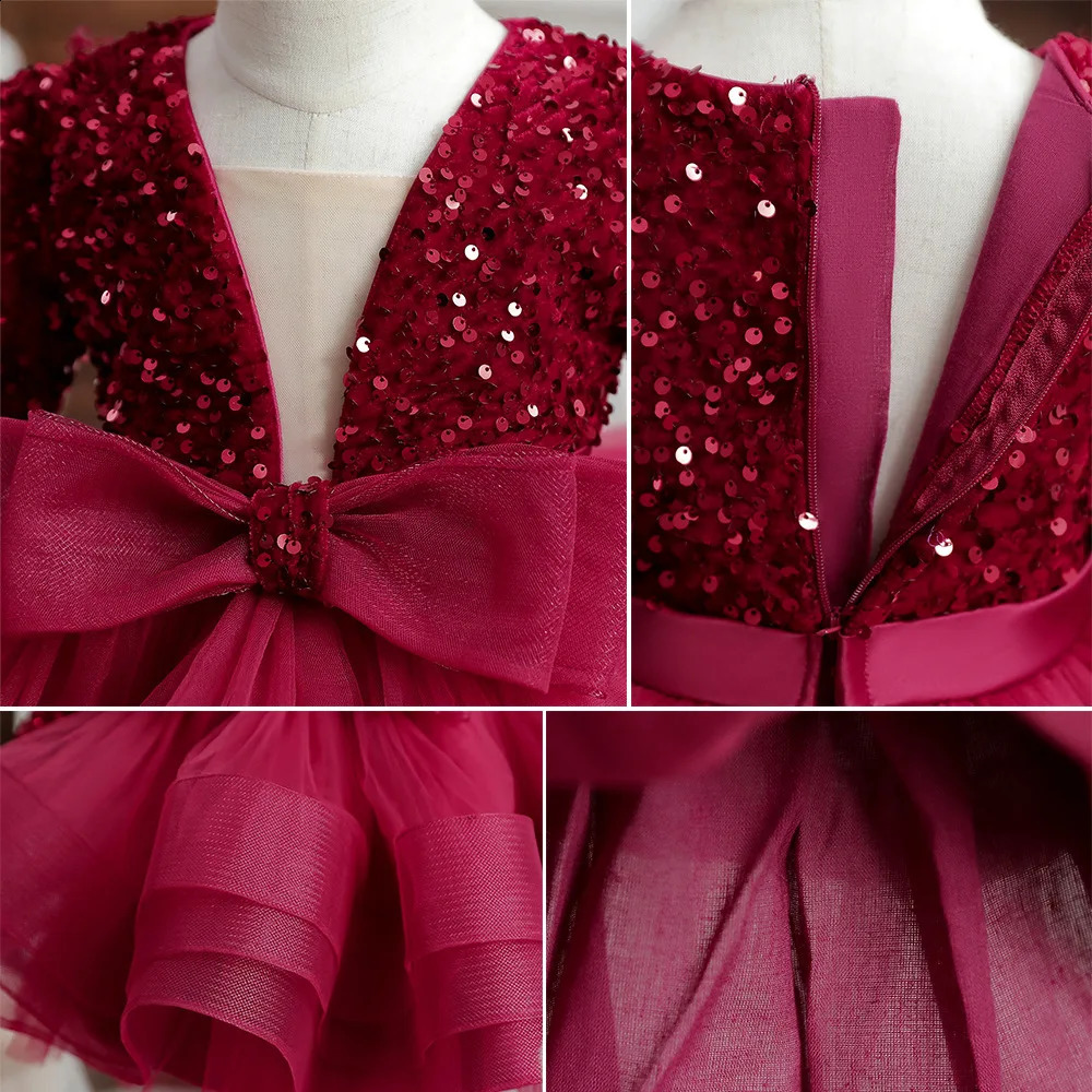 Girls Long Sleeve Sequins Pageant Dress For Kids Wedding Birthday Party First Communion Puffy Ball Gown Prom Puffy Dress 250519