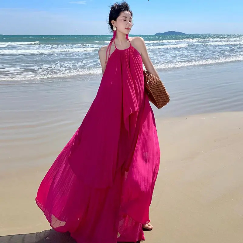 Womens Sexy Halter Laceup Backless Elegant Party Long Dresses Summer Solid Sleeveless Fairy Beach Vacation Pleated Maxi Dress 250520