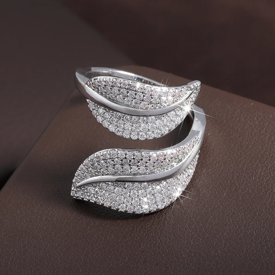 ZAKOL Shiny Micro Paved Zirconia Flower Leaf Adjustable Open Rings Sliver Gold Color Bridal Engagement Wedding Ring Gift 250519