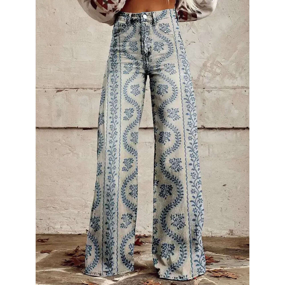 2025 Trendy High-Waisted Wide-Leg Jeans for Women - Printed Stretch Casual Style