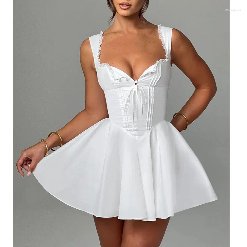 Casual Dresses Lamuusaa Corset Dress Women Sexy Clothes Solid Color Square Collar Sleeveless Ruffle Hem a Line Mini Club Party
