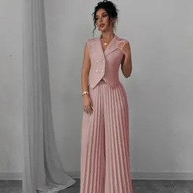 Temperament Commuting Two Piece Set Fashion V-neck Sleeveless Double-breasted Vest Top Pleated Wide-leg Pant Set For Women 250516