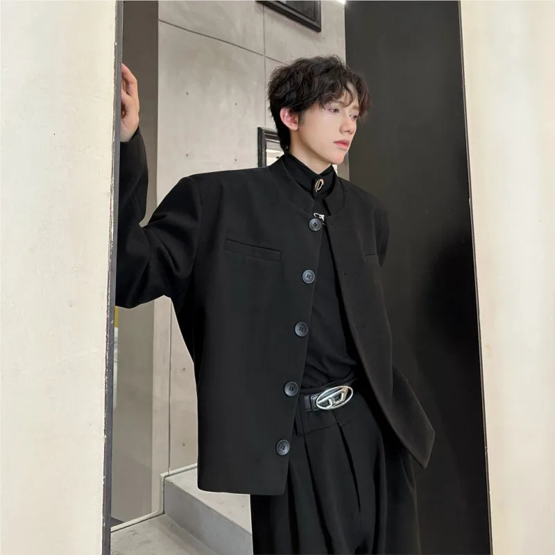 Wine Red Blazers Men Suit Jackets Casual Stand Collar Solid Color Male Short Coats Korean Trendy Mens Clothing Autumn 250520