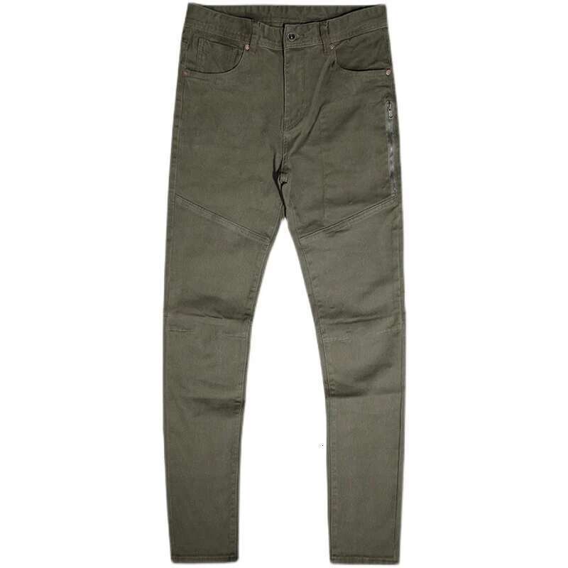 Streetwear Fashion Army Green Elastic Slim Fit Spliced Designer Biker Jeans Men Stretch Hip Hop Denim Pencil Pants