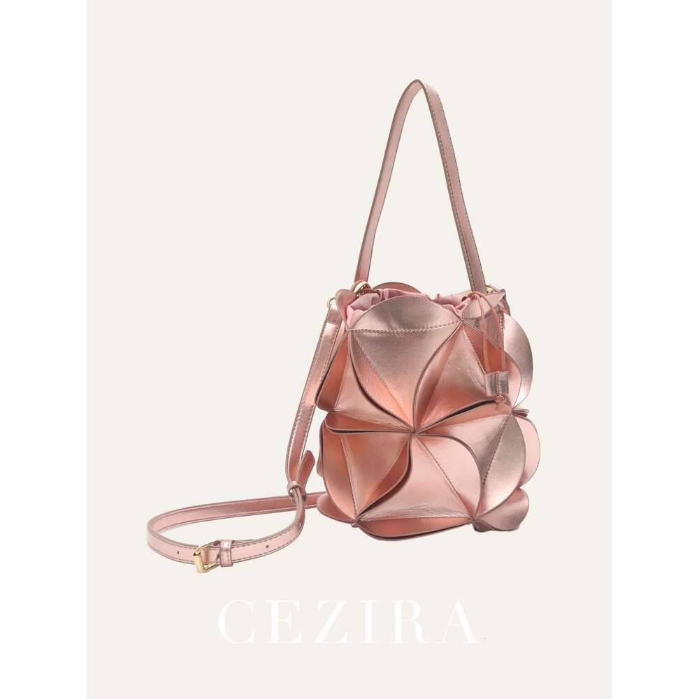 Fashionable Metallic PU Vegan Leather Shoulder Bag Women Flower Petal Patchwork Bucket Sweet Ladies Handbags Cross body