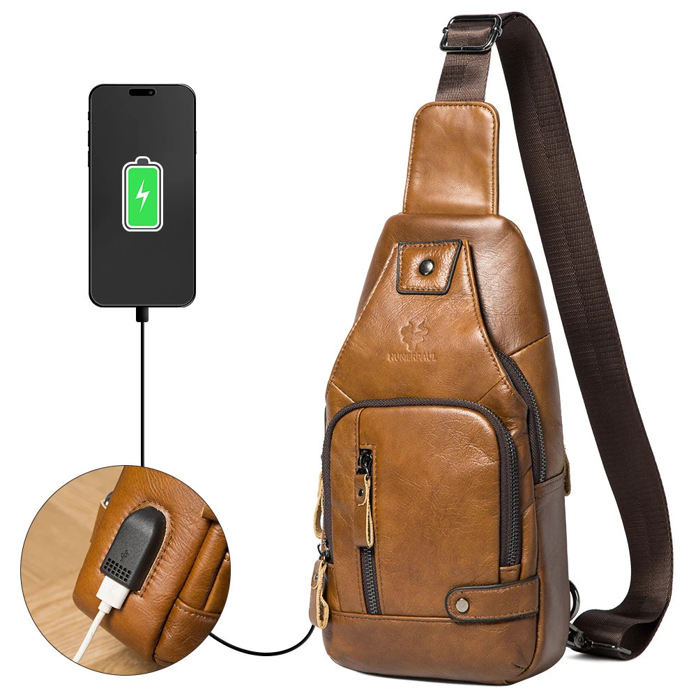 HUMERPAUL Mens Usb Chest Bag 100% Genuine Leather Crossbody Shoulder Bags Multifunction Travel Outdoor Messenger Pack Fashion 250519