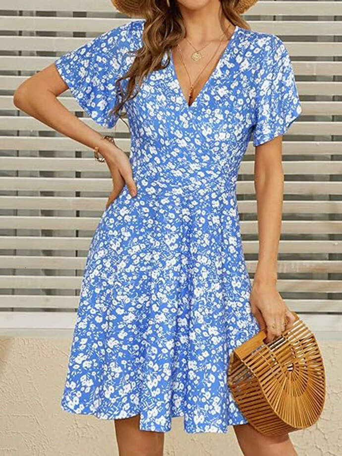 Whitedress Dresses Women Dress Vestido Buttock Vestido De Mujer 2025 New Womens Sun Skirt Summer Flower Short Sleeve Package V-neck A-line Midi Dress
