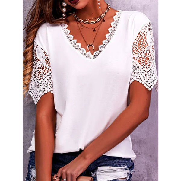 Designer Clothing Fashionable Women's Hot New Lace Patch Loose V-neck Short Sleeved T-shirt 2025 Versatile Casual