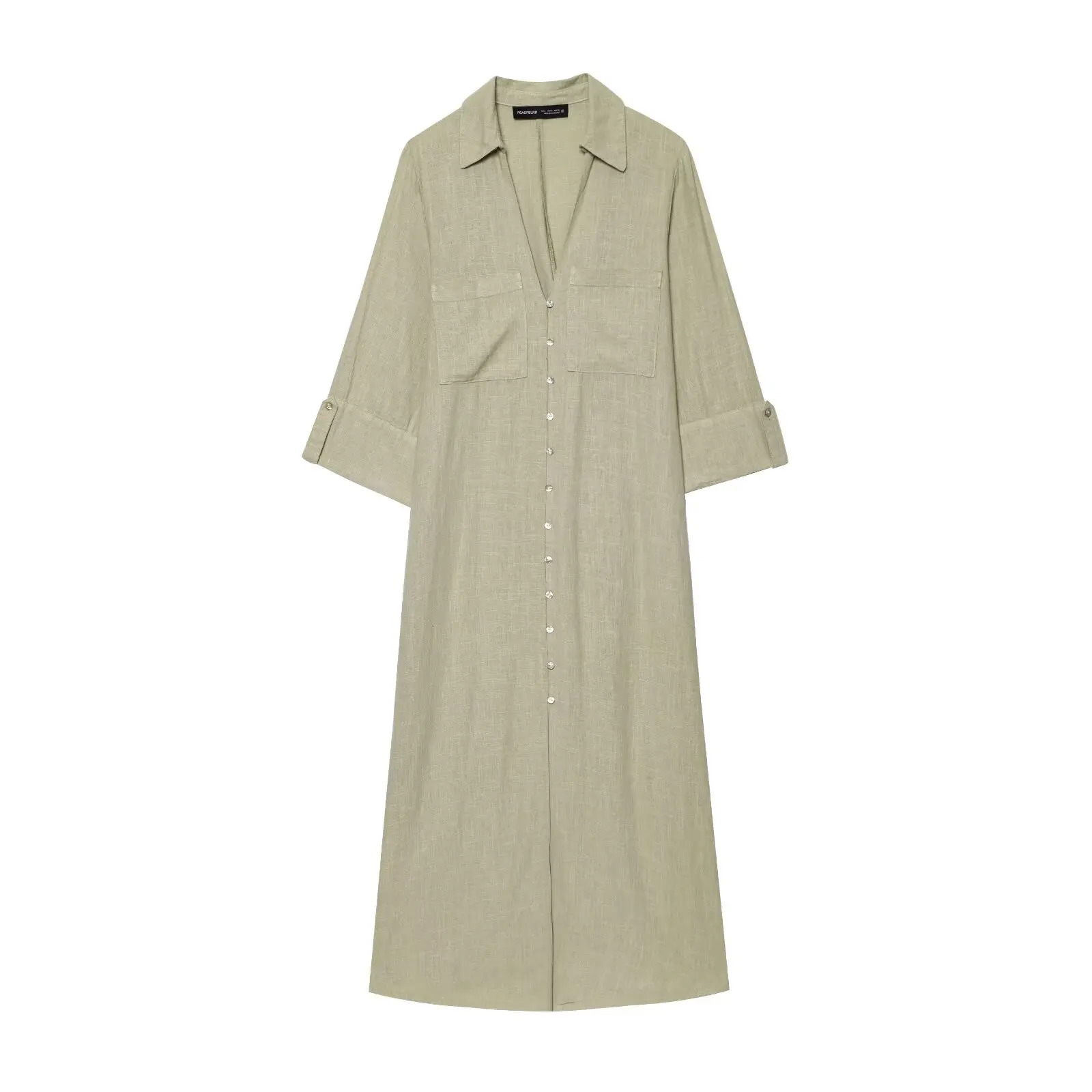 European and American style simple linen blended shirtstyle longsleeved casual dress 250520
