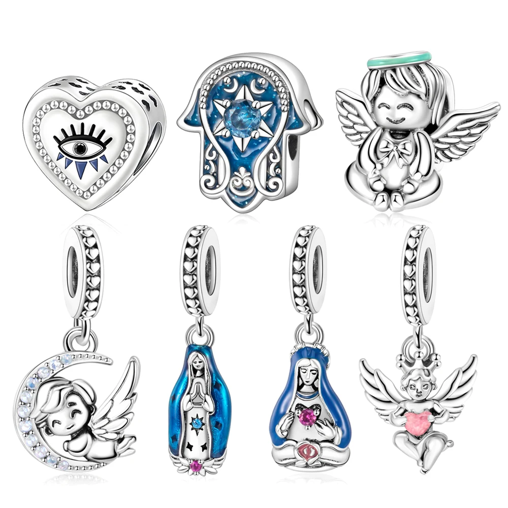 FewDook 2025 New High Quality Silver Plated Angel Baby Fatima Virgin Mary Charm Beads Fit Original Pan Bracelet DIY Women Fine Accessories Jewelry Des