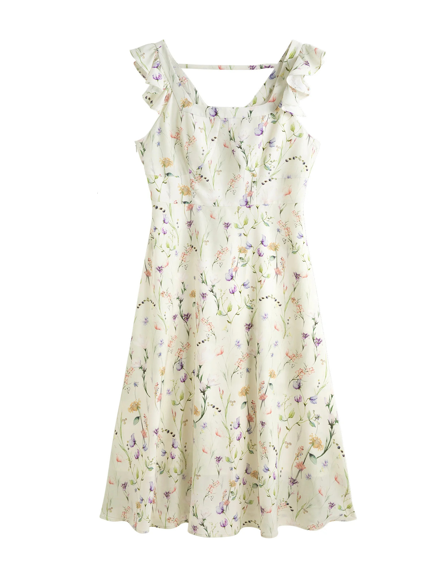 DUSHU French Style Flying Sleeves Gentle Women Floral Dress Summer High Waist Slim Strappy Dresses 25DS82225 250520