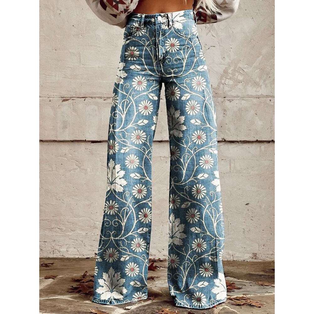 Large women's wide leg new 3D heat transfer flared denim pants, summer thin design