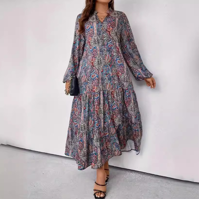 Foreign trade new v-neck printed long skirt autumn and winter new loose large size cross-border dress