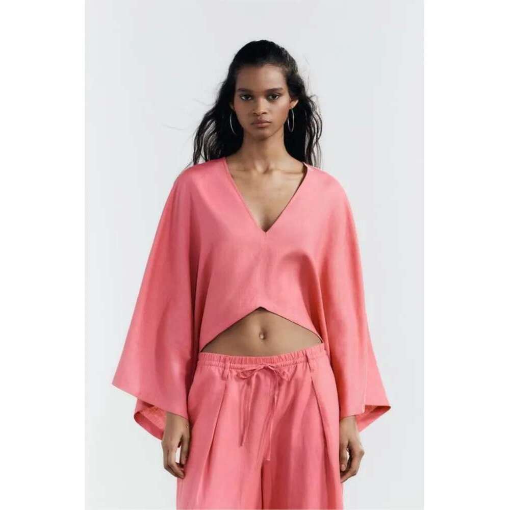 TRAF Wide Leg Pants For 2 Causal Loose Sleeve V Neck Shirt Drawstring Trousers Two Piece Set Women Outfit