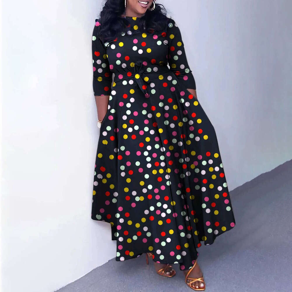 Women's Wear Spring/Summer New Fashionable And Elegant Print Lace Up Round Neck Large Swing Dress