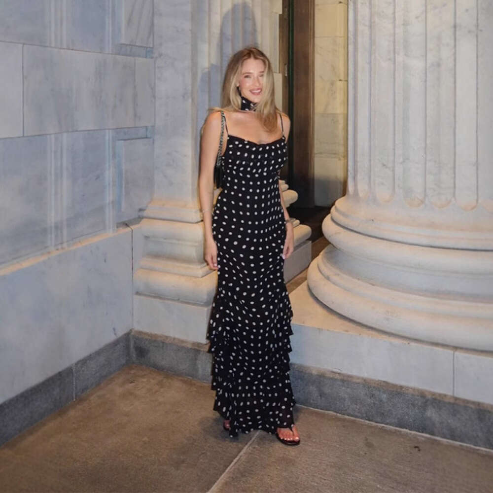 Elegant sophisticated sleeveless polka dot scarf collar with ruffled edge suspender dress for women in Europe and America 2025 new casual fashion tren
