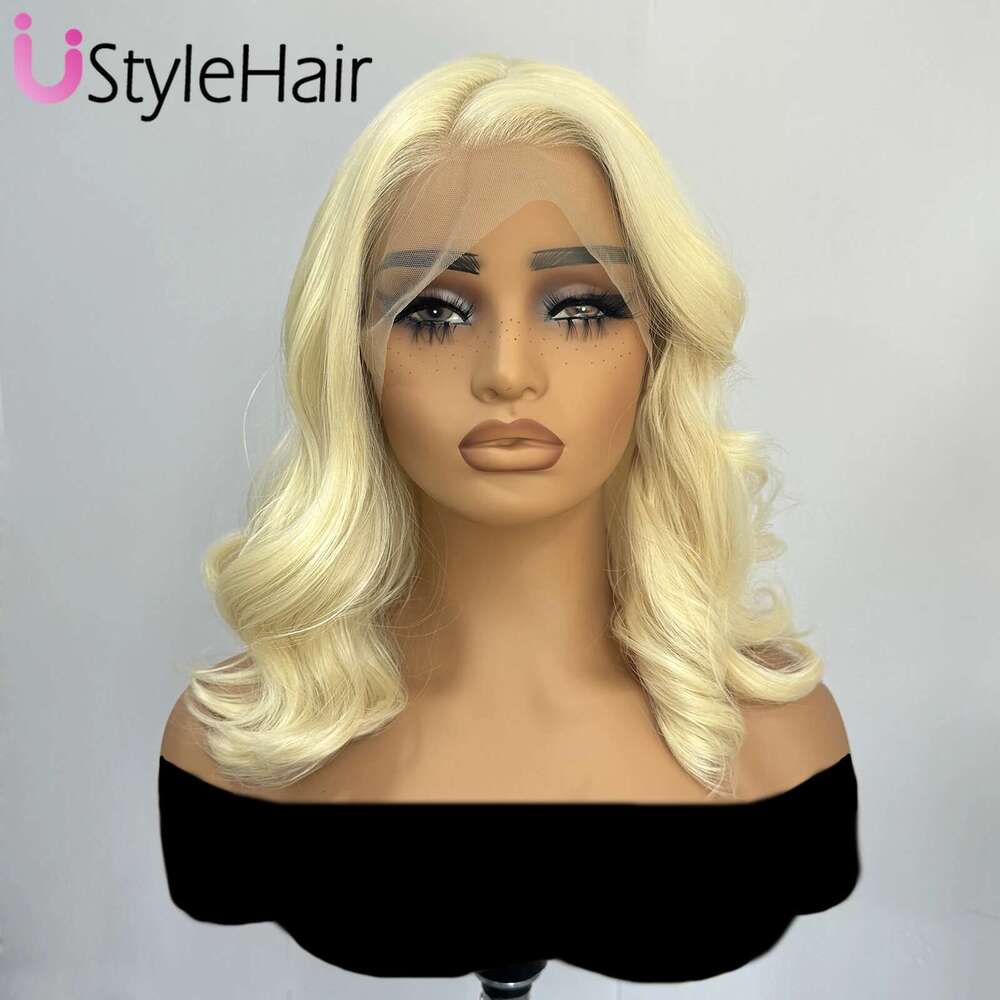 613 Blonde Short Wave 13x4 Bob Front Wig Glueless Side Part Synthetic Frontal Lace Wigs for Black Women Daily Wear